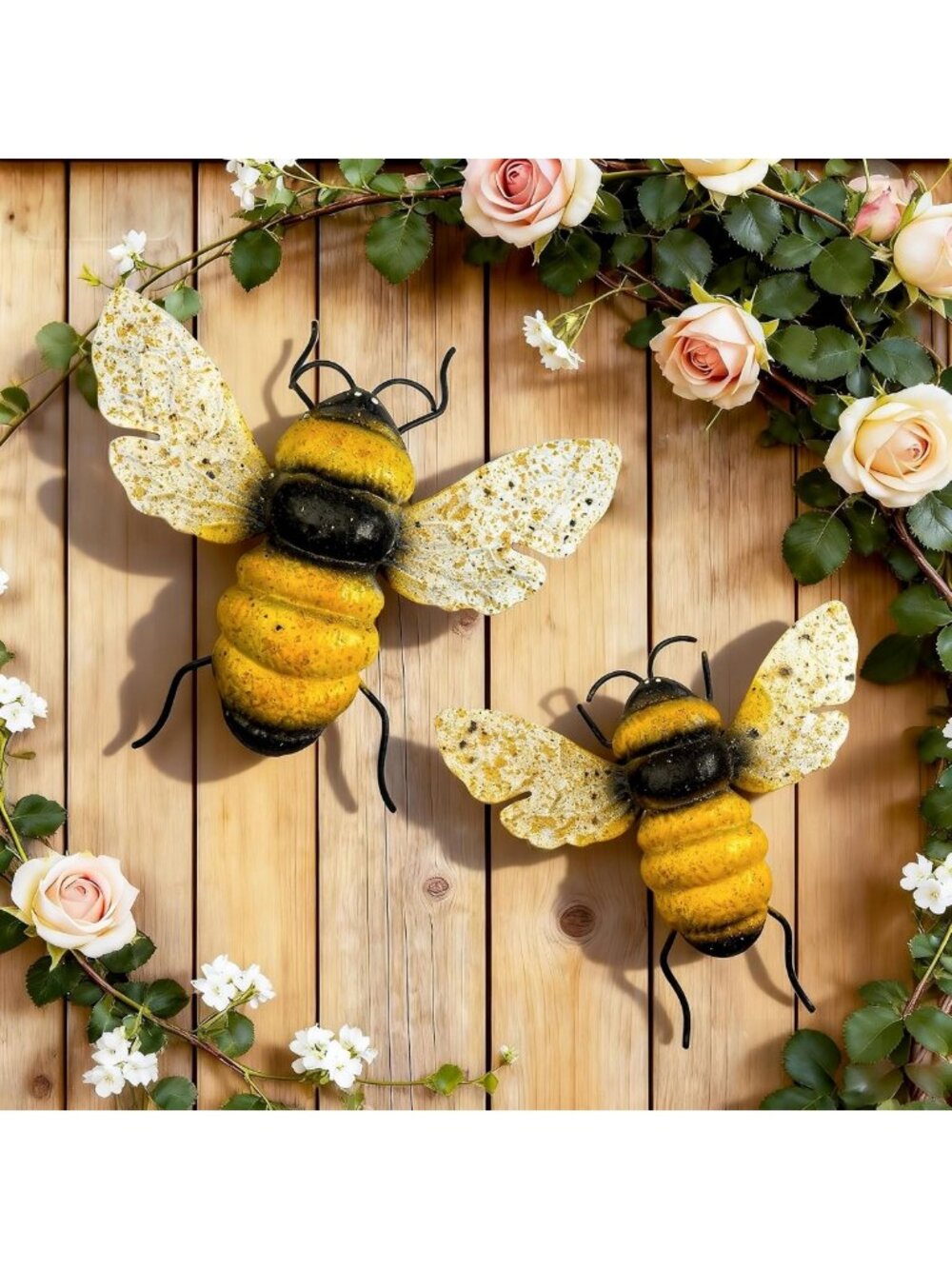 Metal Bee Wall Art Set - 2Pcs Outdoor Garden Decor, Bumble Bee Home & Yard